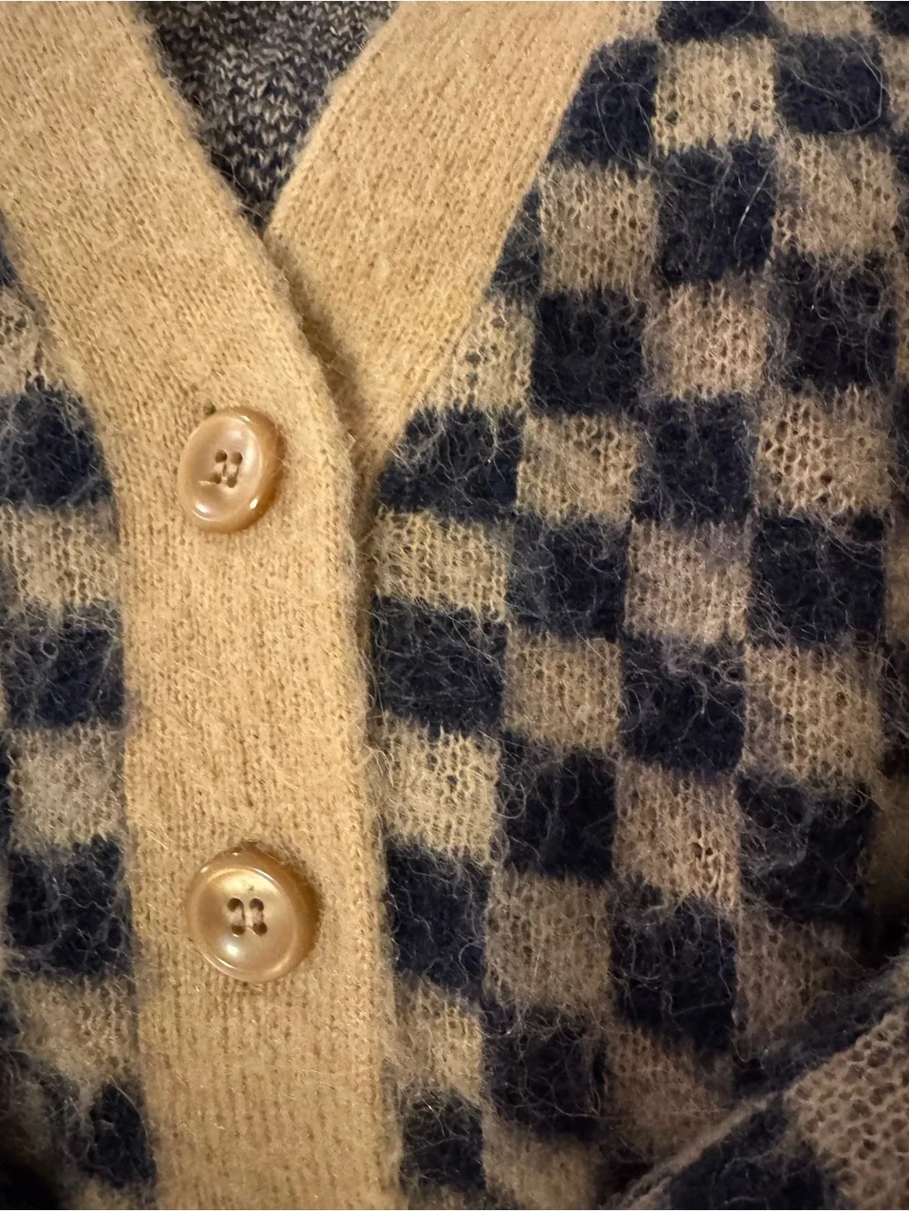 J Crew Beige and Navy Checkered V-Neck Button Cardigan Sweater - Picture 3 of 5
